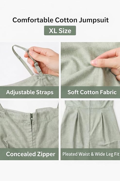 Women’s Cotton Jumpsuit | Sleeveless Wide Leg One Piece for Women | Adjustable Straps | Pleated Waist | Casual Summer Wear | Green | XL
