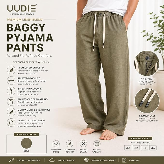 Men’s Relaxed Fit Linen Blend Olive Pyjama Pants | Drawstring Waist Lounge Wear | Comfortable Casual Bottom Wear