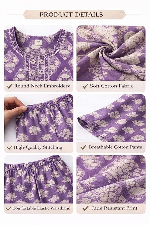 Women’s Cotton Kurti Pant Set | Floral Printed Kurta Set for Women | 3/4 Sleeve Straight Kurti with Pants | Daily Wear & Office Wear