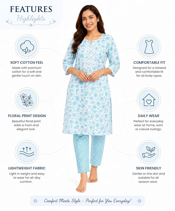 Women’s Cotton Floral Printed Kurti Pant Set | 3/4 Sleeve | Embroidered Neck | Sky Blue Kurti Pant Set for Women | Casual & Office Wear | Kurta Set