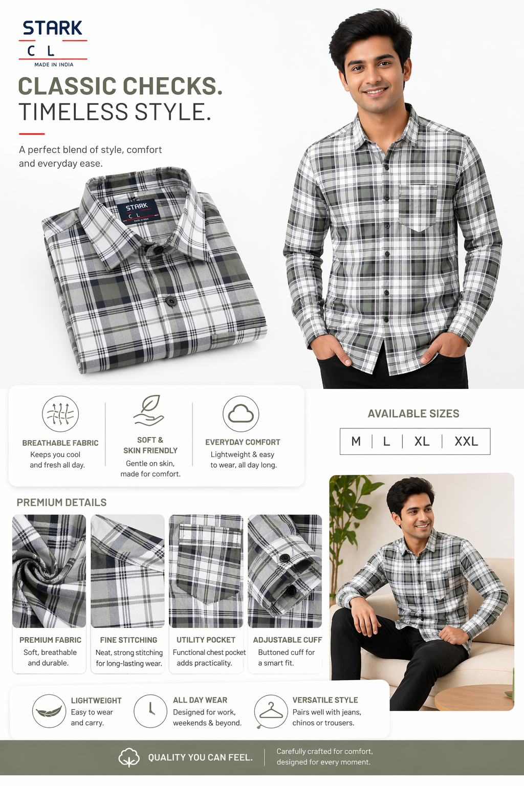 Men’s Checkered Cotton Shirt | Casual Full Sleeve Shirt for Men | Plaid Design | Regular Fit | Sizes M, L, XL, XXL