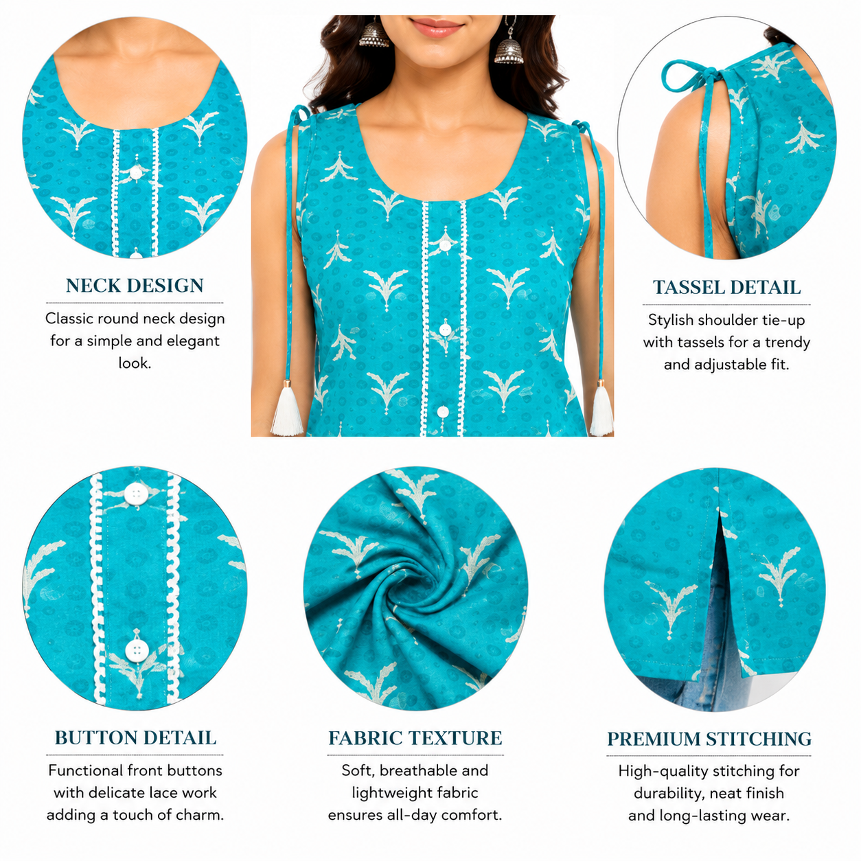 Women's Sleeveless Kurti, Parrot Green Printed Rayon Tunic, Regular Fit with Tassel Tie-Up & Button Detail, Aqua Blue.
