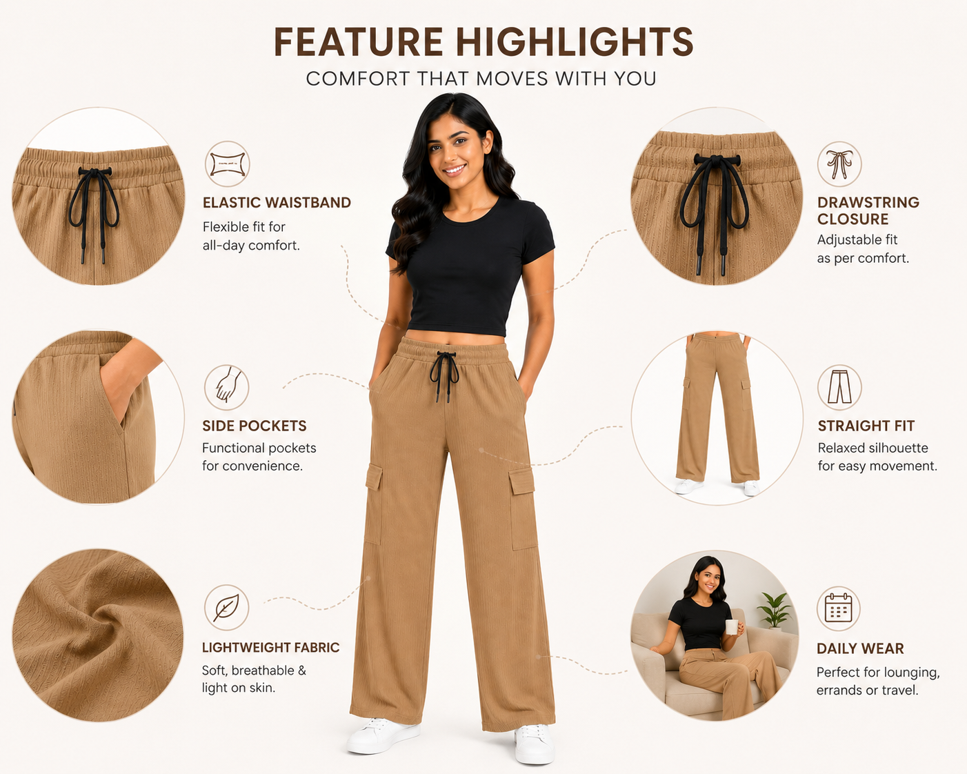 Women's Wide Leg Cargo Pants, Soft Lightweight Fabric, Elastic Waistband, Drawstring, Side Pockets, Casual Free Size