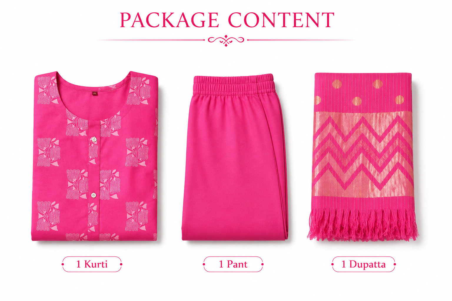 Women's Cotton Kurta Pant Dupatta Set, Straight Kurti with Jacquard Dupatta, Casual Ethnic Wear