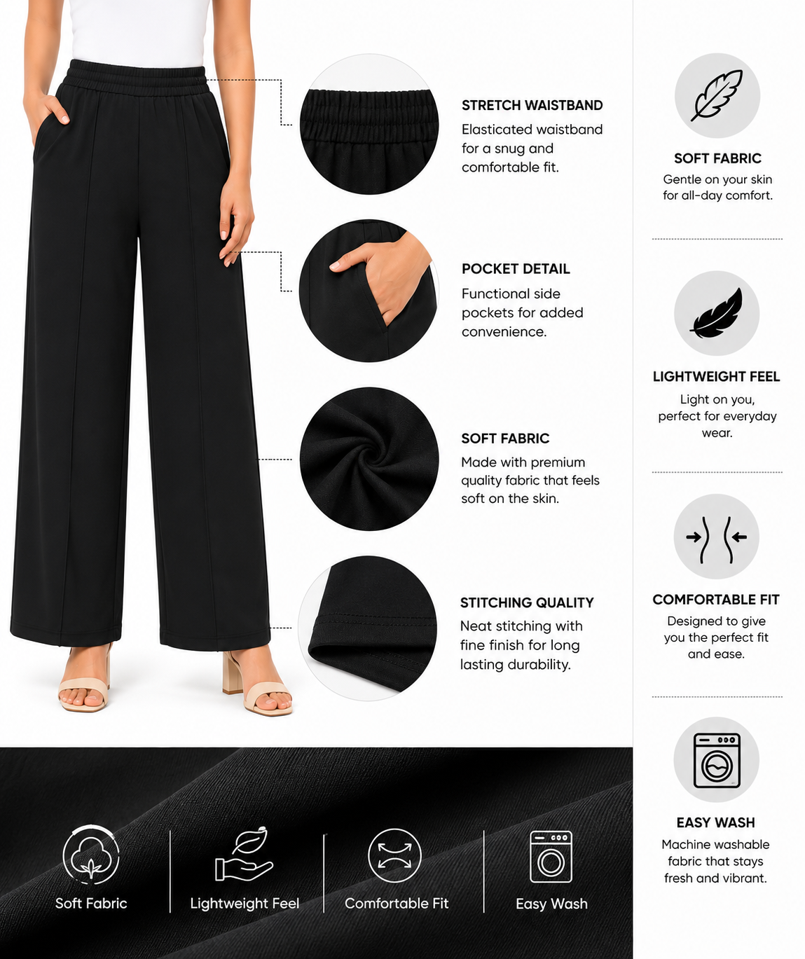 Women's Wide Leg Korean Pants, High Waist Elastic Waistband, Soft Fabric with Pockets, Casual Wear | Free Size