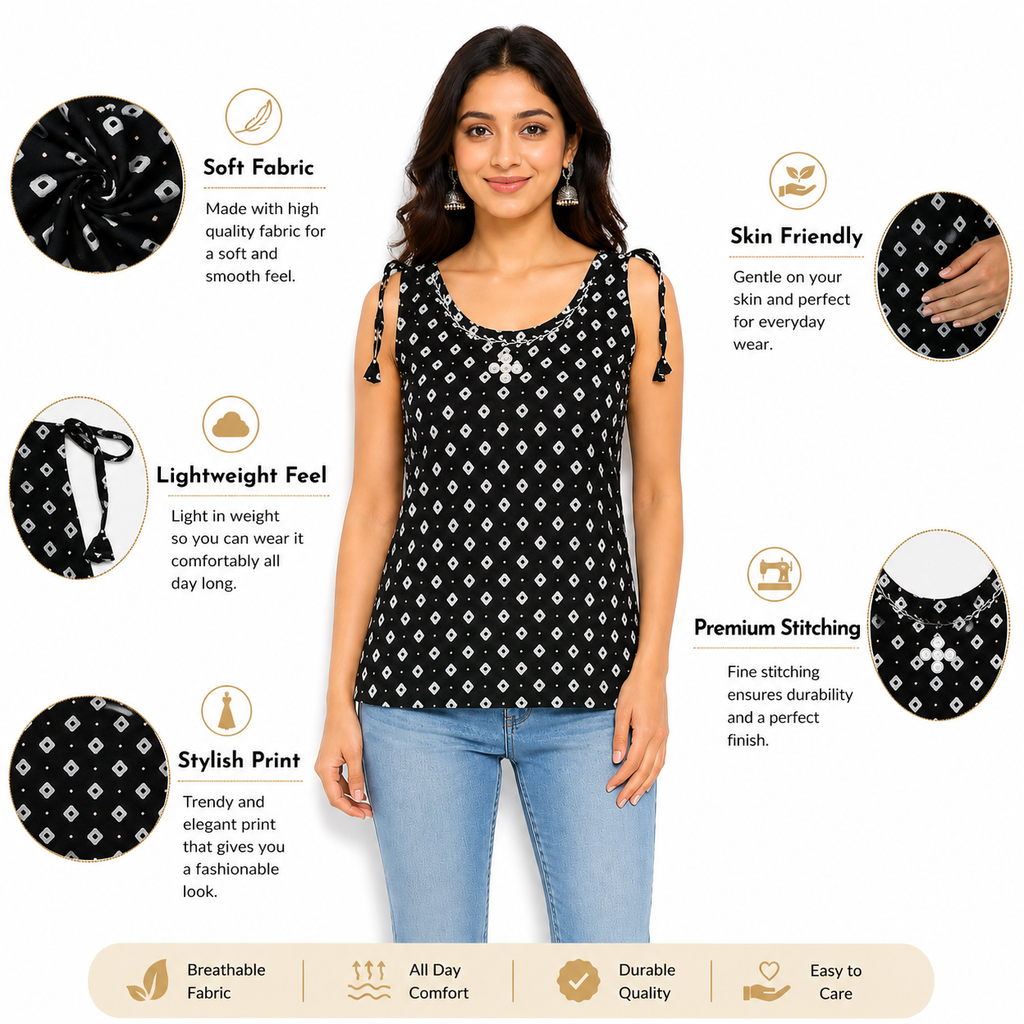Women's Sleeveless Printed Top, Black, Cotton, Casual Ethnic Western Tunic with Shoulder Tie-Up