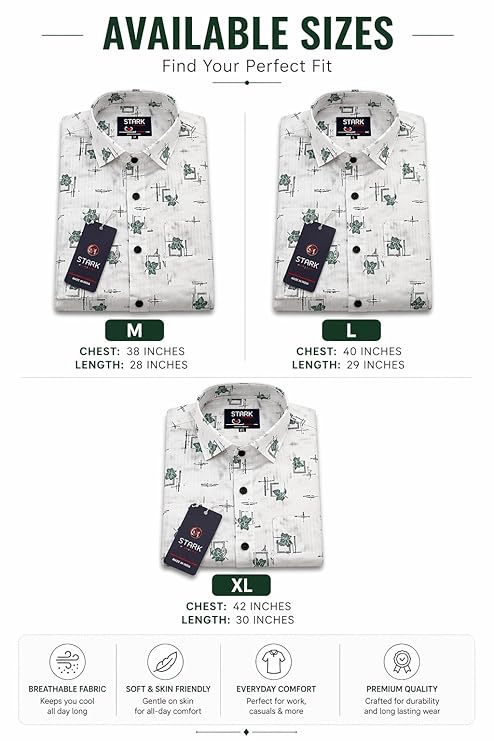 Men’s White Printed Cotton Shirt | Casual Full Sleeve Shirt for Men | Green Motif Design | Regular Fit | Sizes M, L, XL