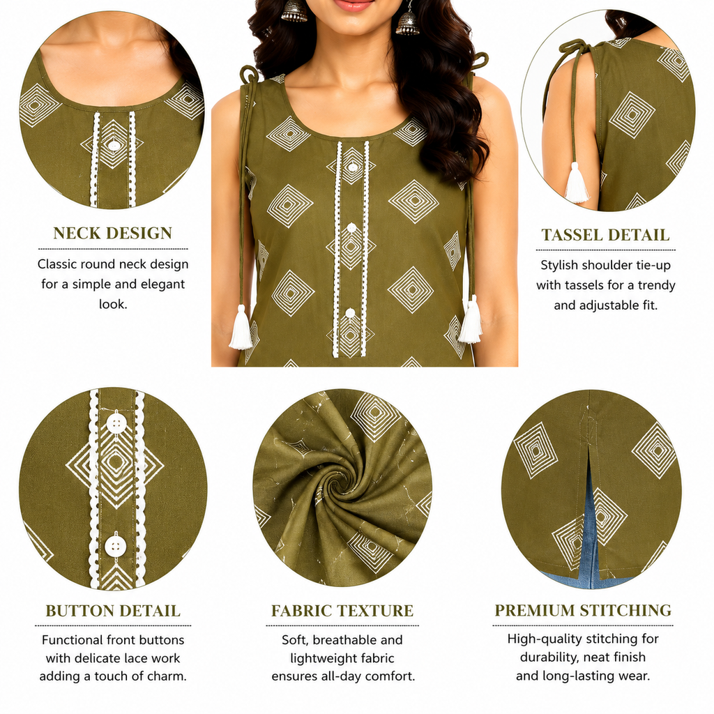 Women's Sleeveless Kurti, Olive Green, Rayon, Geometric Print with Tassel Tie-Up & Button Detail, Casual Ethnic Tunic