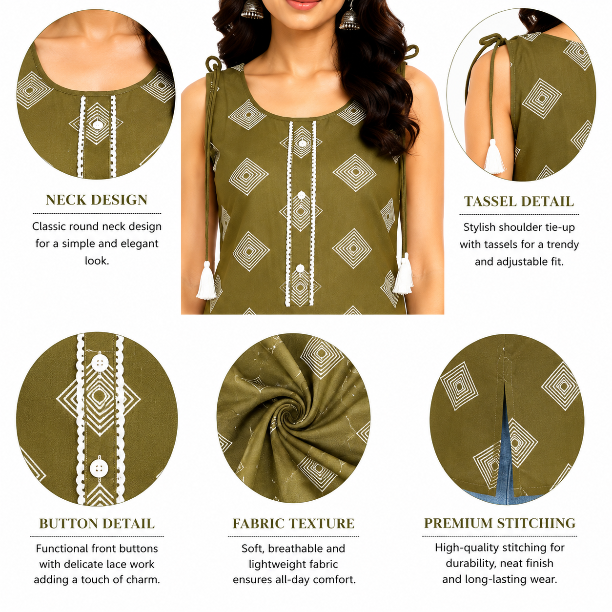 Women's Sleeveless Kurti, Olive Green, Rayon, Geometric Print with Tassel Tie-Up & Button Detail, Casual Ethnic Tunic