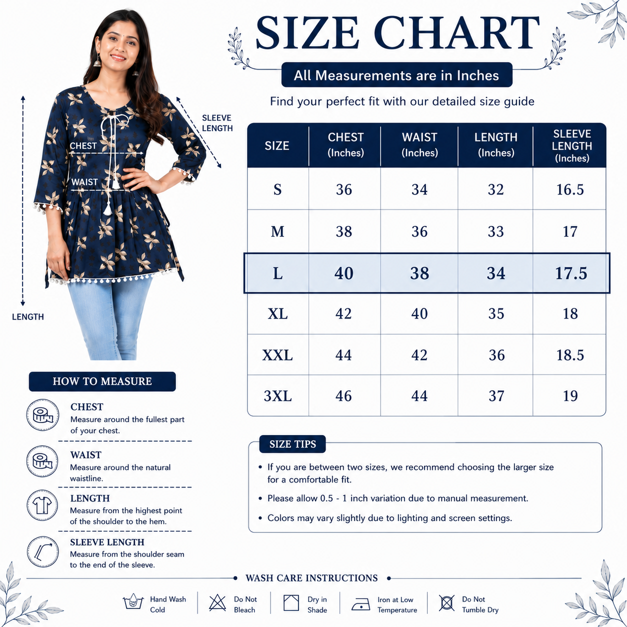 Women's Floral Printed Short Kurti, Rayon, 3/4 Sleeve, Tassel Tie-Up, Regular Fit, Casual Western Top |  L Size