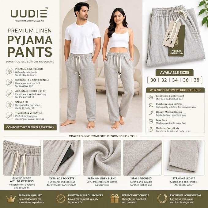Unisex Linen Blend Lounge Pyjama | Breathable & Lightweight Comfort Wear | Relaxed Fit Night Pant for Men & Women.