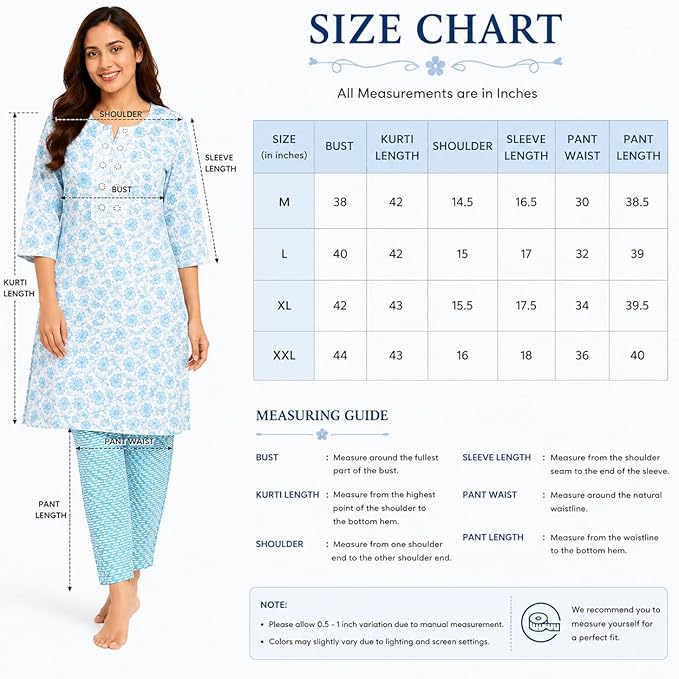 Women’s Cotton Floral Printed Kurti Pant Set | 3/4 Sleeve | Embroidered Neck | Sky Blue Kurti Pant Set for Women | Casual & Office Wear | Kurta Set