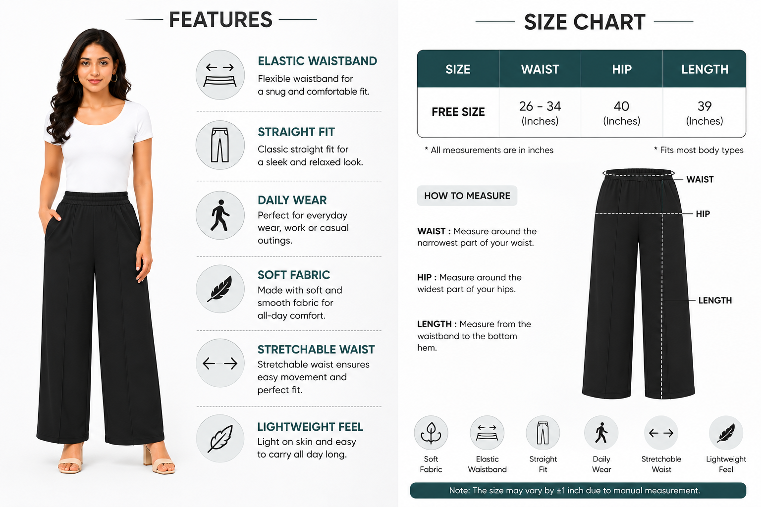 Women's Wide Leg Korean Pants, High Waist Elastic Waistband, Soft Fabric with Pockets, Casual Wear | Free Size