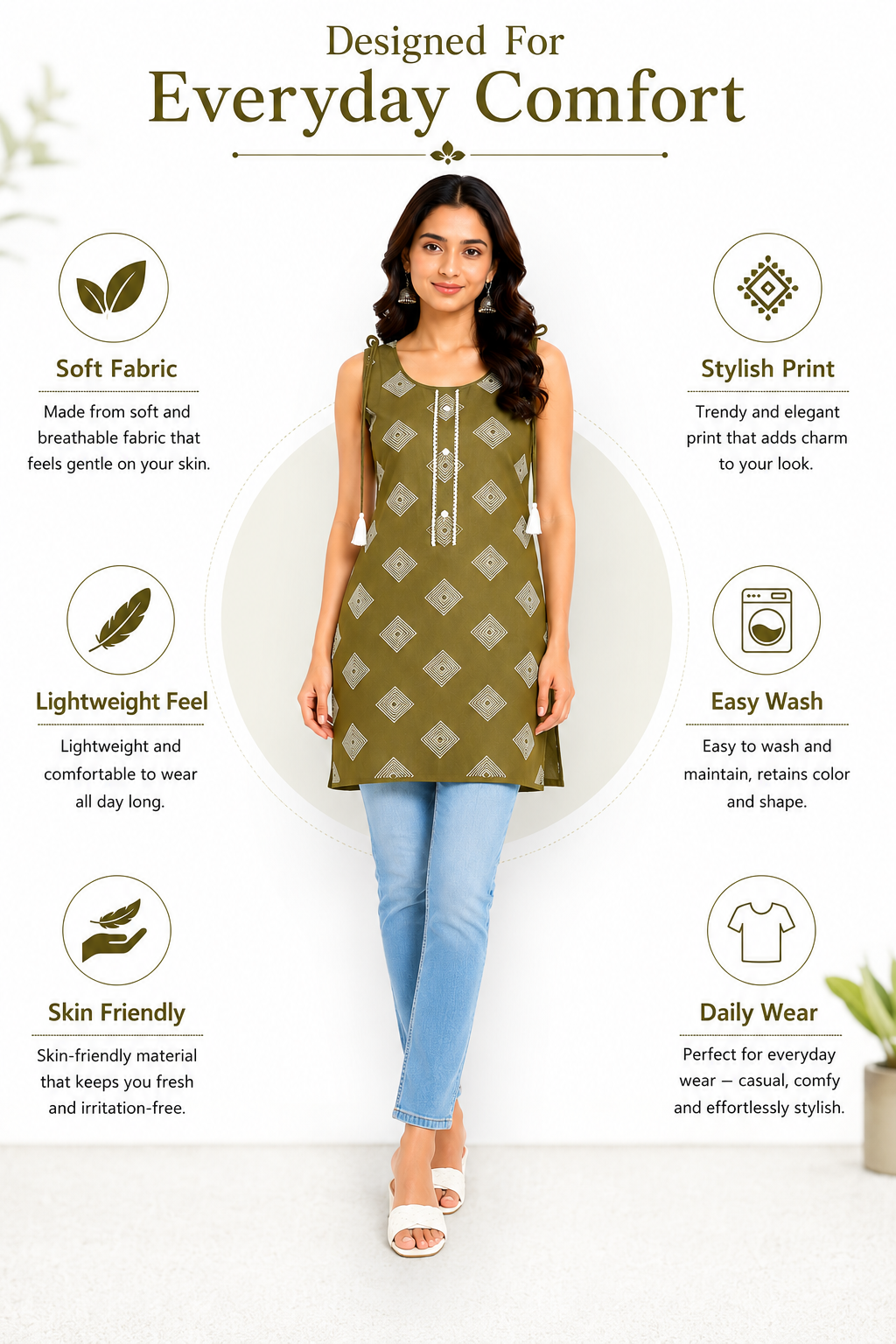 Women's Sleeveless Kurti, Olive Green, Rayon, Geometric Print with Tassel Tie-Up & Button Detail, Casual Ethnic Tunic