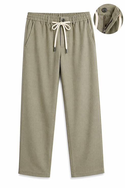 Men’s Relaxed Fit Linen Blend Olive Pyjama Pants | Drawstring Waist Lounge Wear | Comfortable Casual Bottom Wear