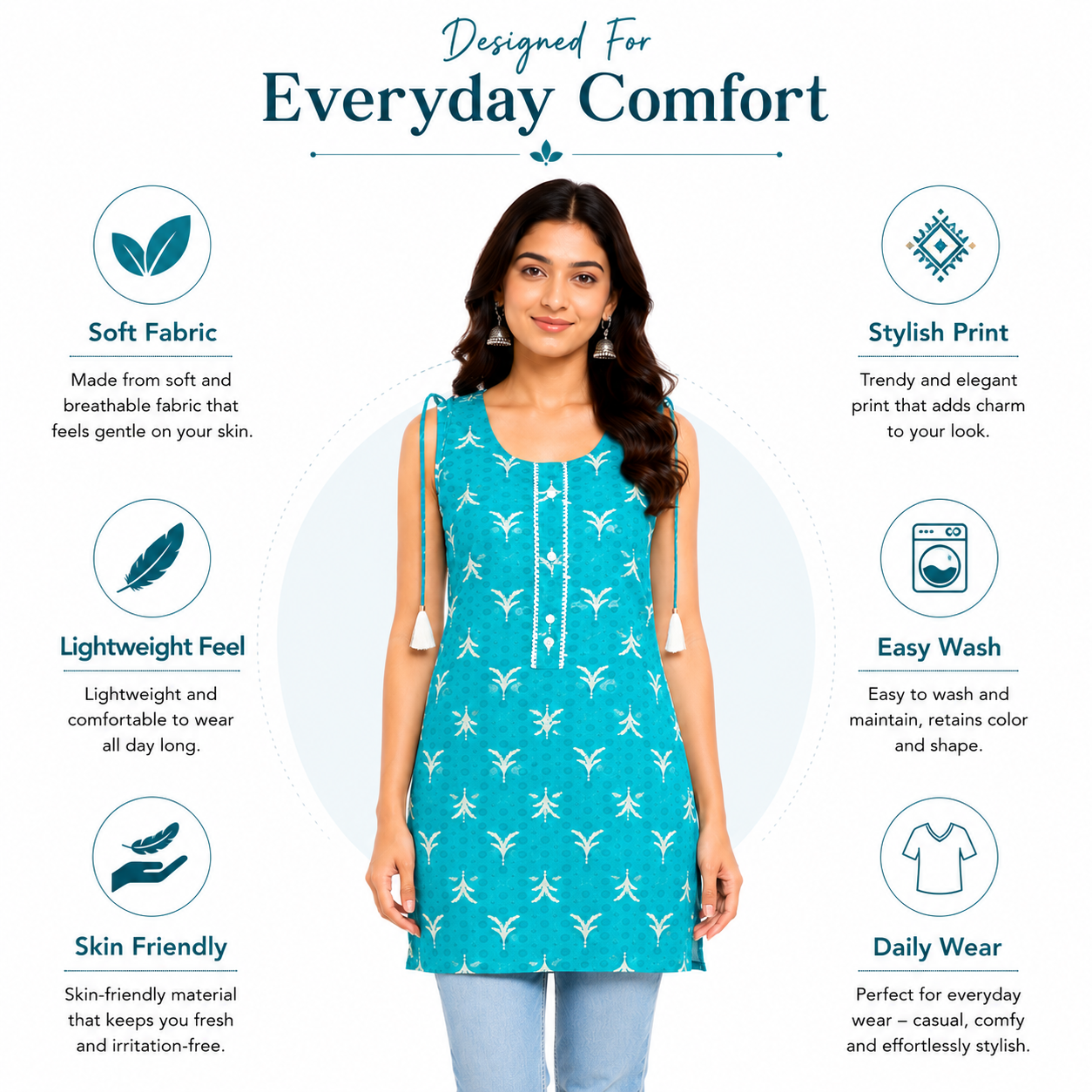 Women's Sleeveless Kurti, Parrot Green Printed Rayon Tunic, Regular Fit with Tassel Tie-Up & Button Detail, Aqua Blue.