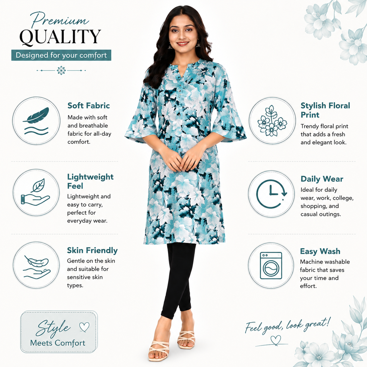 Women’s Floral Printed Straight Kurti |  Mandarin Collar Kurti with Flared Sleeves Ethnic Kurti | Size L