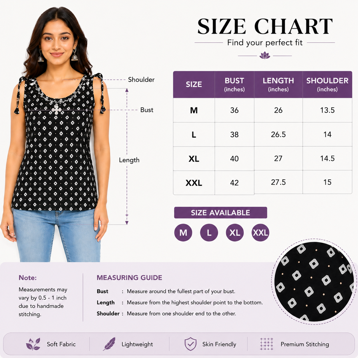 Women's Sleeveless Printed Top, Black, Cotton, Casual Ethnic Western Tunic with Shoulder Tie-Up