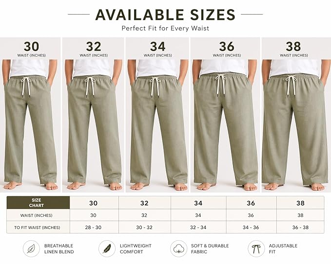 Men’s Relaxed Fit Linen Blend Olive Pyjama Pants | Drawstring Waist Lounge Wear | Comfortable Casual Bottom Wear