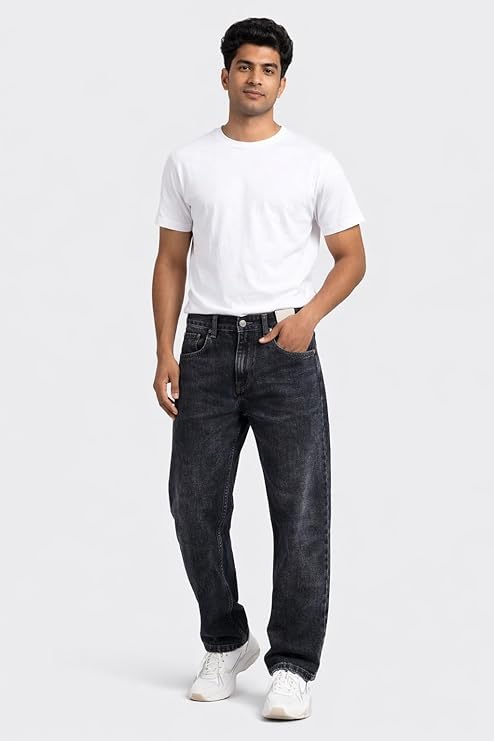 Men’s Baggy Fit Jeans | Black Cotton Denim | Mid Rise Straight Leg Jeans for Men | Streetwear Casual Wear