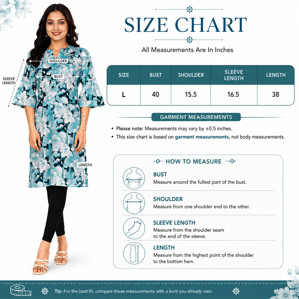 Women’s Floral Printed Straight Kurti |  Mandarin Collar Kurti with Flared Sleeves Ethnic Kurti | Size L