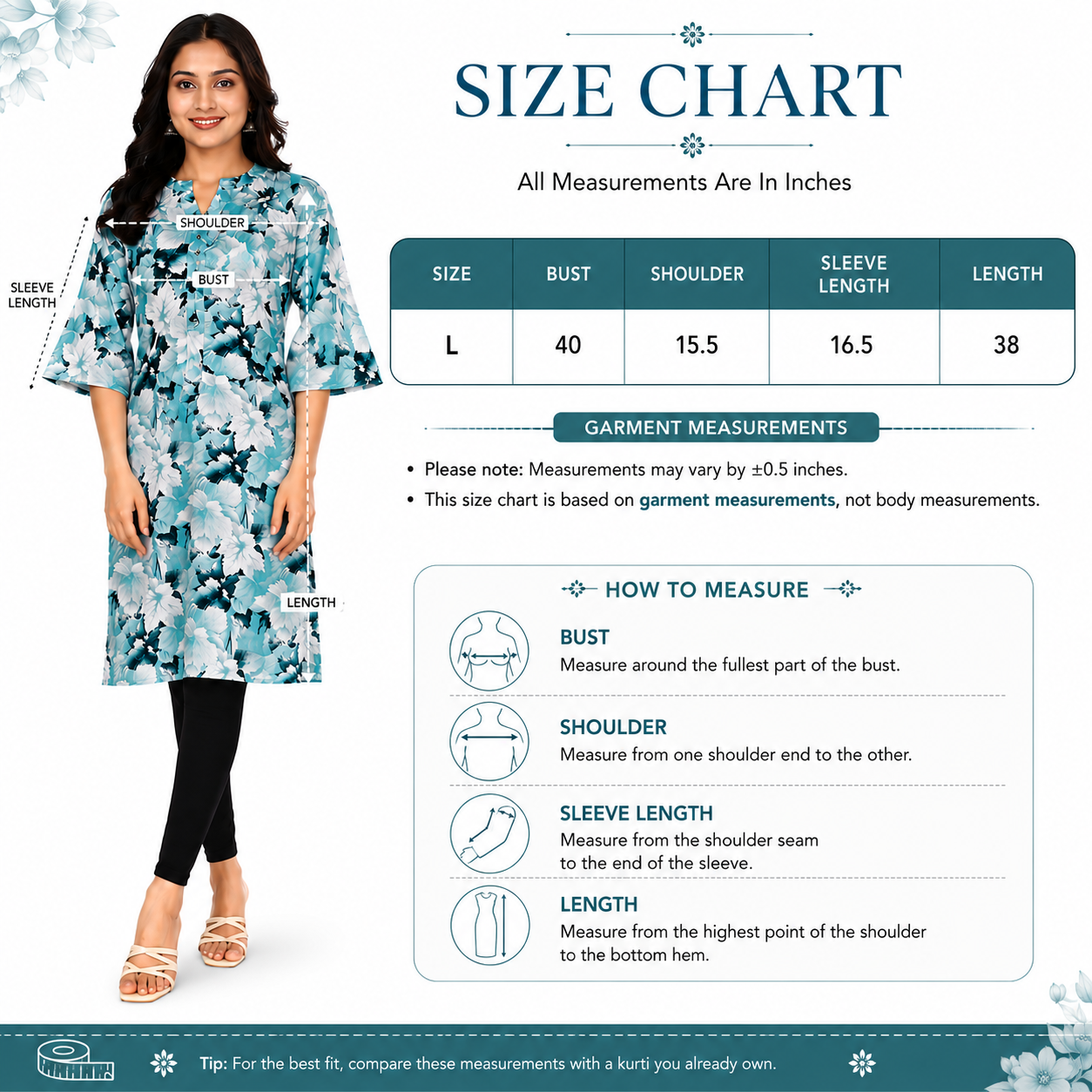 Women’s Floral Printed Straight Kurti |  Mandarin Collar Kurti with Flared Sleeves Ethnic Kurti | Size L
