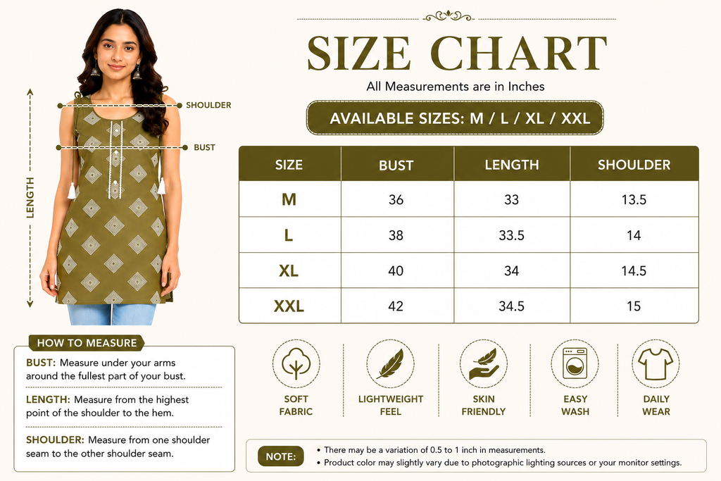 Women's Sleeveless Kurti, Olive Green, Rayon, Geometric Print with Tassel Tie-Up & Button Detail, Casual Ethnic Tunic