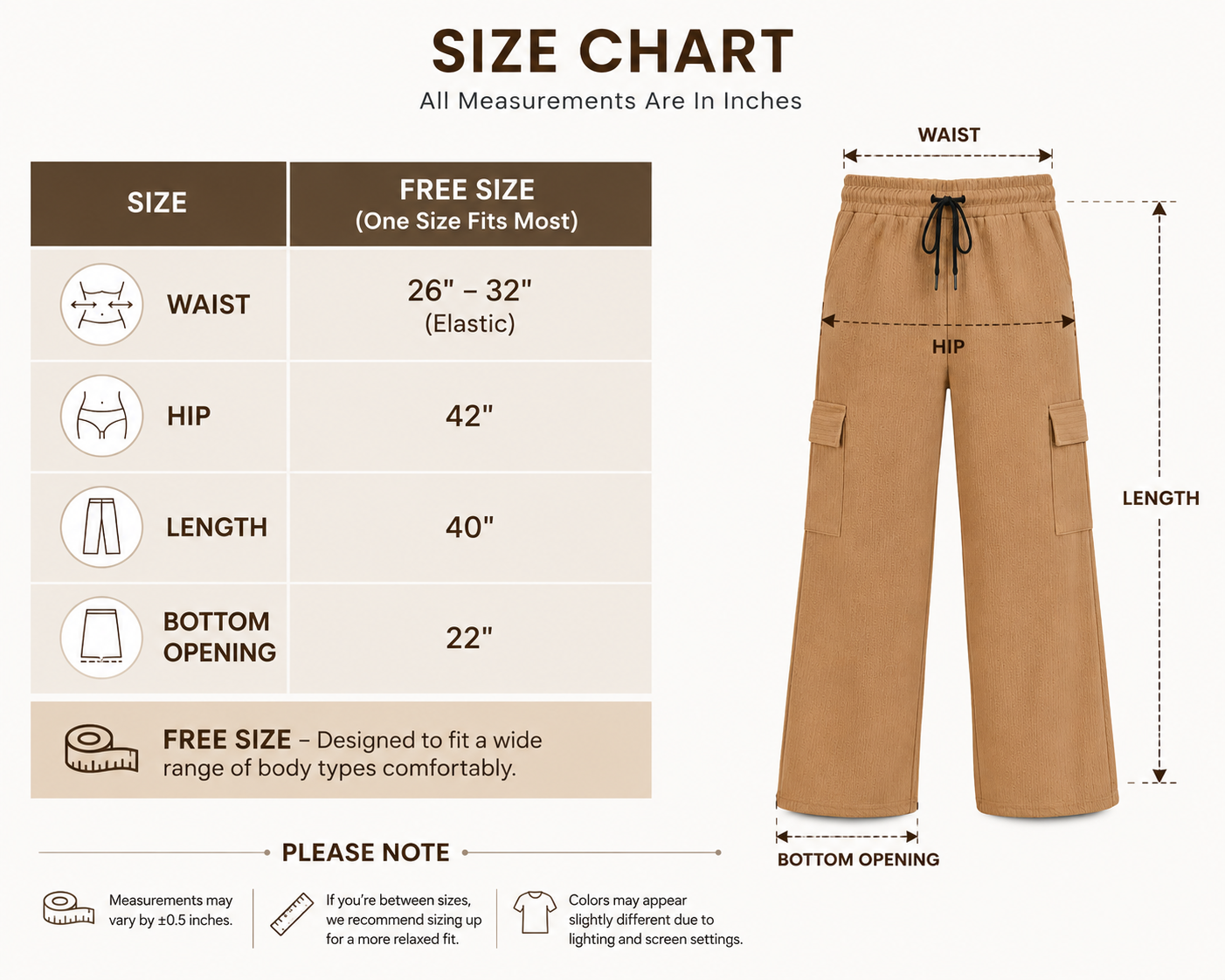 Women's Wide Leg Cargo Pants, Soft Lightweight Fabric, Elastic Waistband, Drawstring, Side Pockets, Casual Free Size