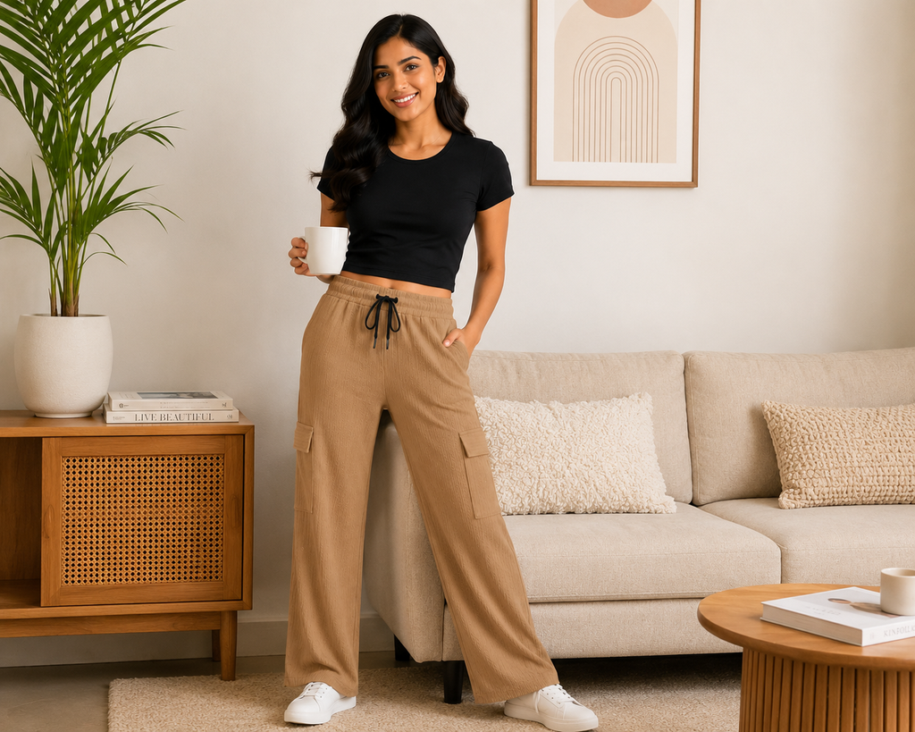 Women's Wide Leg Cargo Pants, Soft Lightweight Fabric, Elastic Waistband, Drawstring, Side Pockets, Casual Free Size