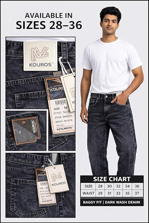 Men’s Baggy Fit Jeans | Black Cotton Denim | Mid Rise Straight Leg Jeans for Men | Streetwear Casual Wear