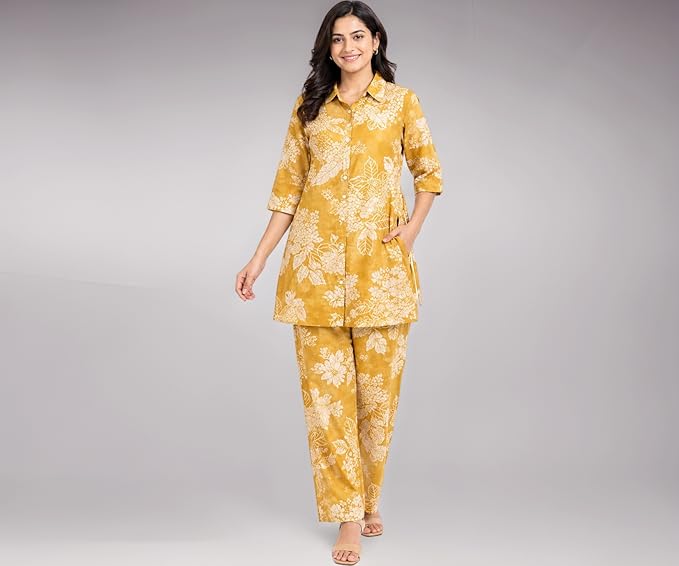 Abhivesha Trends Women’s Rayon Co-Ord Set | Mustard Yellow Floral Printed Kurti Pant Set | Shirt Style Button Down Kurta with Elastic Waist Pants | Casual & Daily Wear | XL