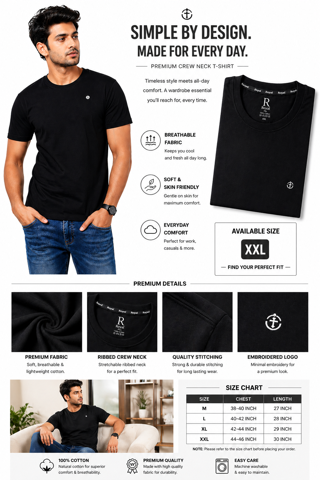 Men's Plain T-Shirt, Cotton, Regular Fit, Crew Neck, Soft & Breathable | XXL
