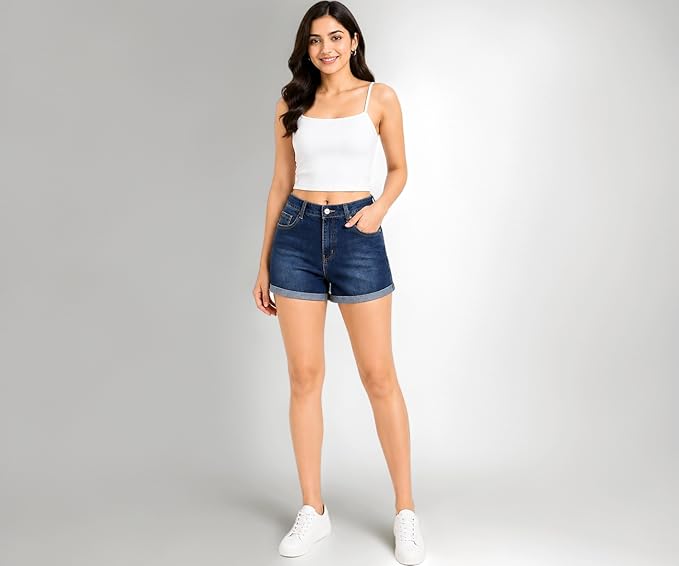 Women’s Mid Rise Denim Shorts | Cotton Stretch 5 Pocket Casual Shorts | Rolled Hem Summer Shorts for Women