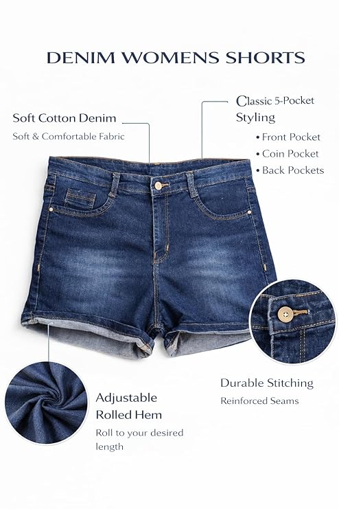 Women’s Mid Rise Denim Shorts | Cotton Stretch 5 Pocket Casual Shorts | Rolled Hem Summer Shorts for Women