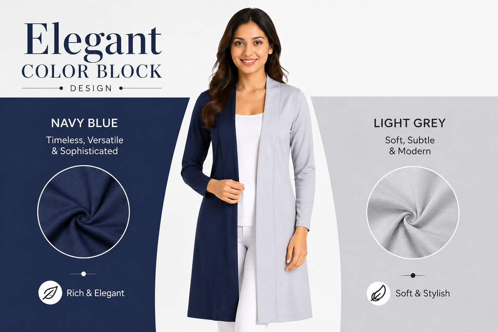Women’s Bodycon Dress with Attached Blazer | Dual Tone Navy Blue & Grey | Stretch Polyester Elastane Fabric | Office Party Midi Dress | XL