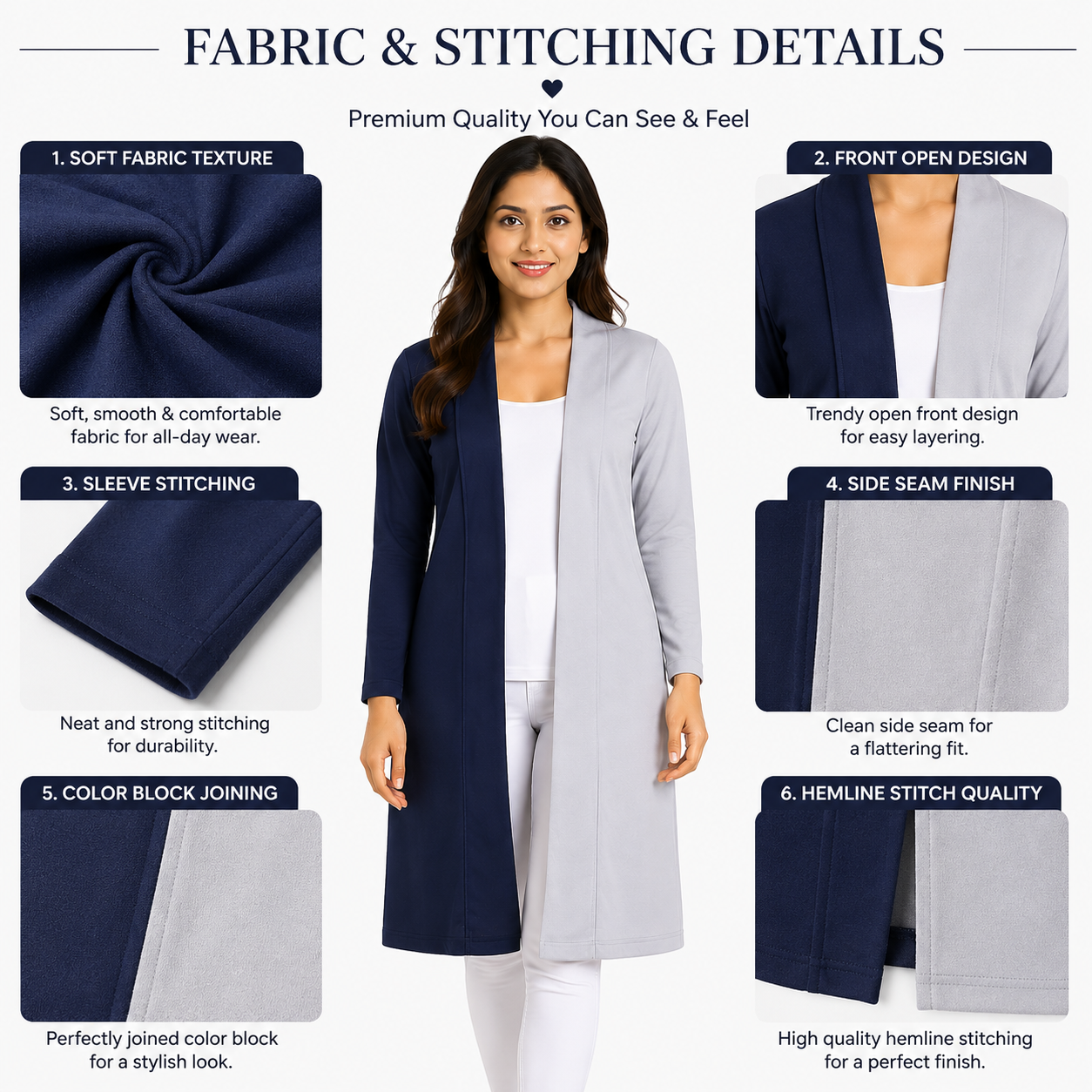 Women’s Bodycon Dress with Attached Blazer | Dual Tone Navy Blue & Grey | Stretch Polyester Elastane Fabric | Office Party Midi Dress | XL