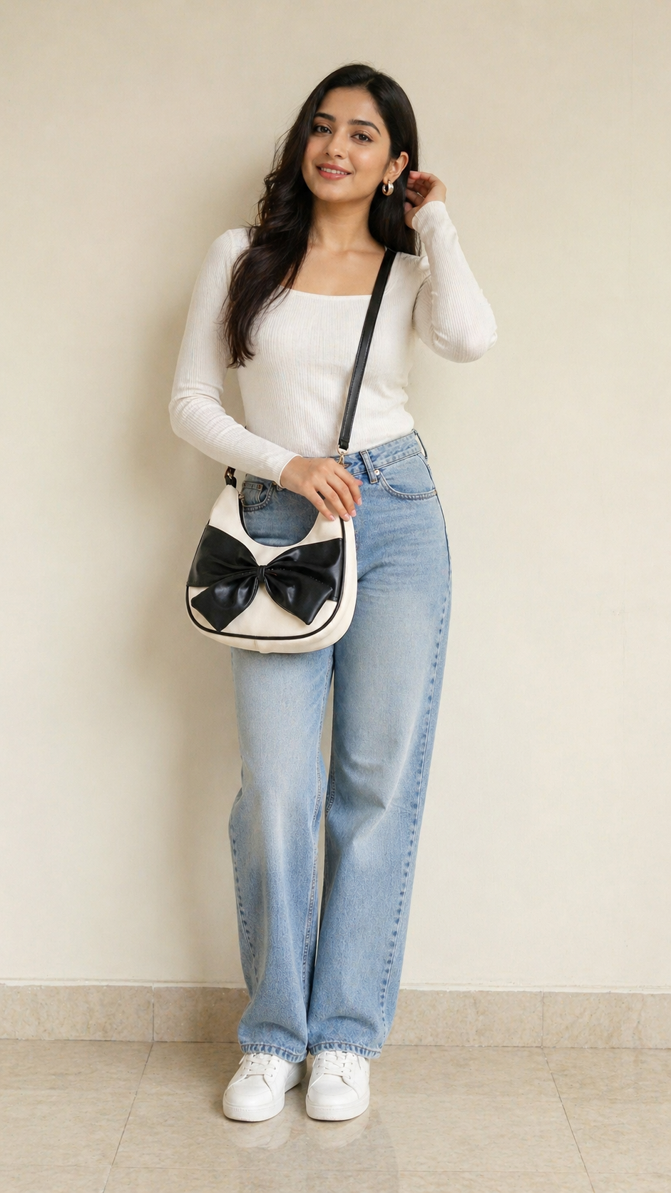 Women's Bow Handbag, Champagne Beige, Leatherette, Medium, Crossbody Sling Strap, Casual & Office Style