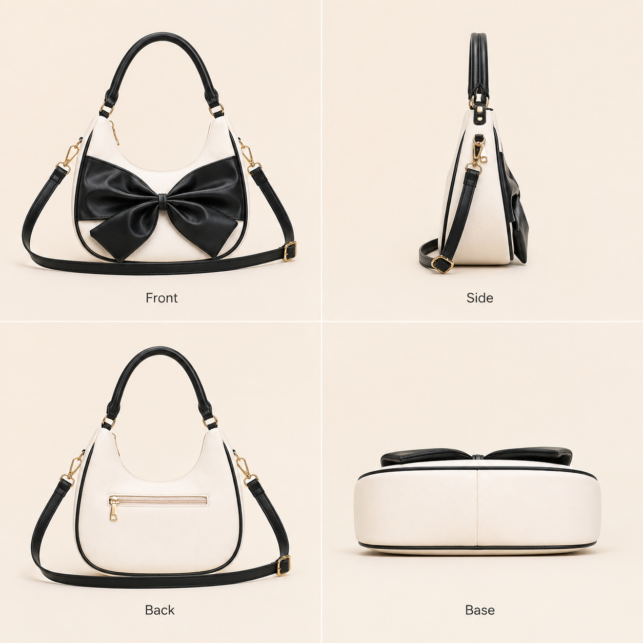 Women's Bow Handbag, Champagne Beige, Leatherette, Medium, Crossbody Sling Strap, Casual & Office Style