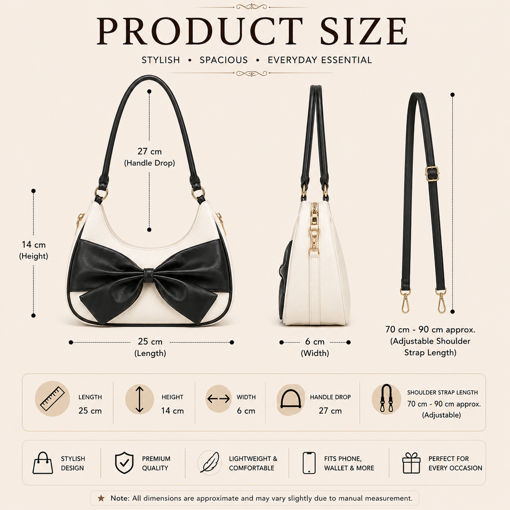 Women's Bow Handbag, Champagne Beige, Leatherette, Medium, Crossbody Sling Strap, Casual & Office Style