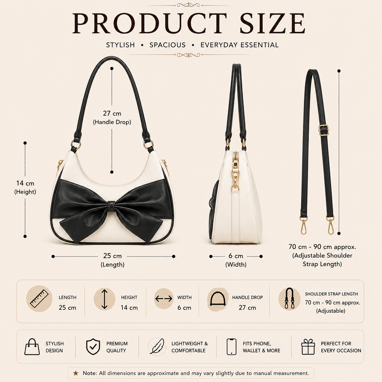 Women's Bow Handbag, Champagne Beige, Leatherette, Medium, Crossbody Sling Strap, Casual & Office Style