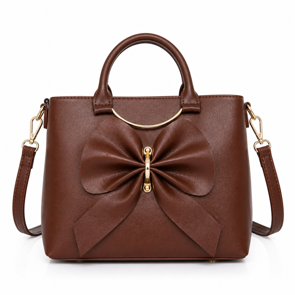 Women's Brown Leatherette Handbag with Bow Design, Top Handle & Sling Strap, Medium, Casual & Office
