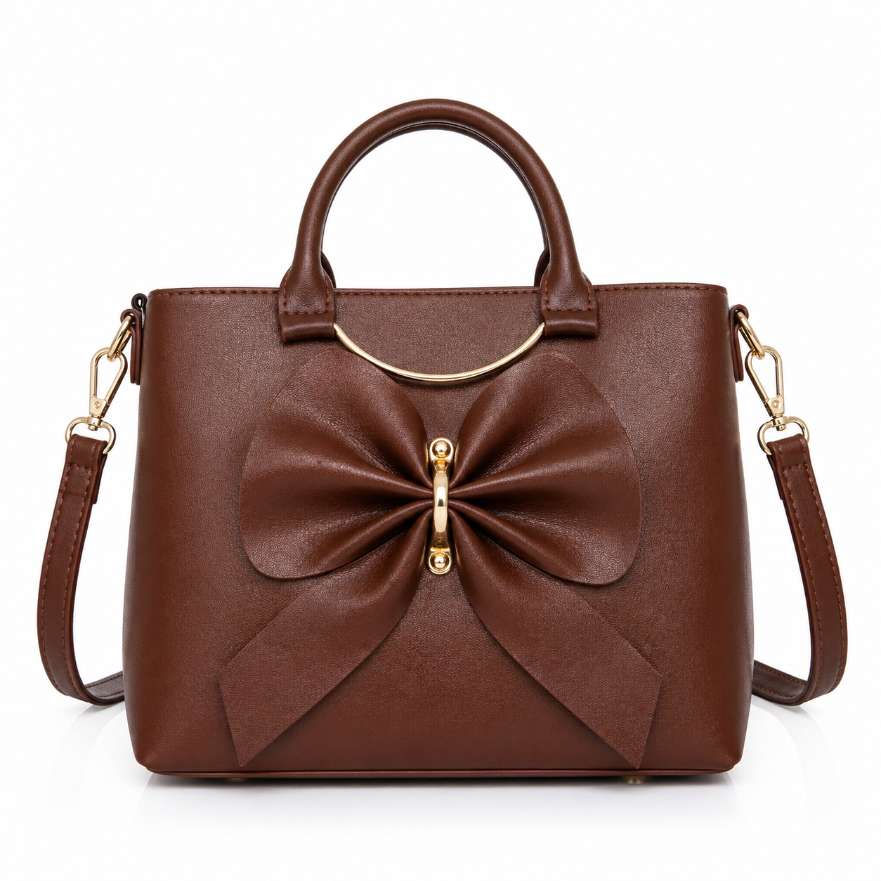 Women's Brown Leatherette Handbag with Bow Design, Top Handle & Sling Strap, Medium, Casual & Office