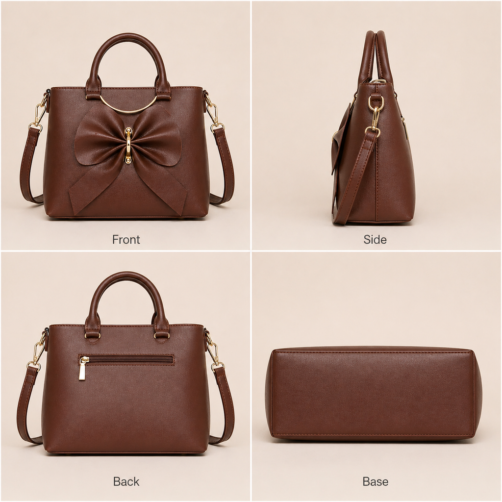 Women's Brown Leatherette Handbag with Bow Design, Top Handle & Sling Strap, Medium, Casual & Office