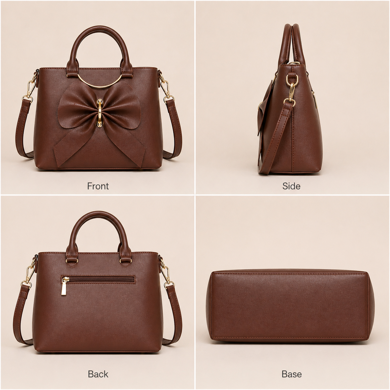 Women's Brown Leatherette Handbag with Bow Design, Top Handle & Sling Strap, Medium, Casual & Office