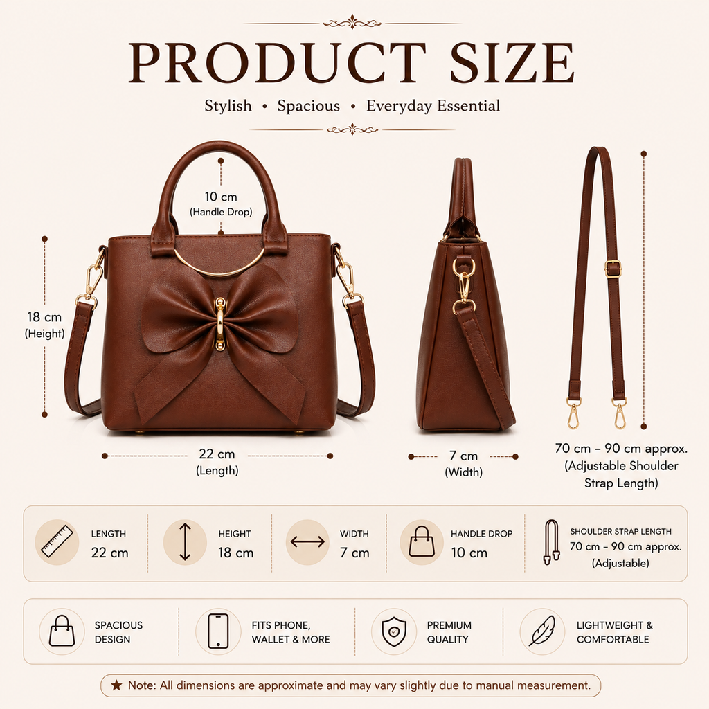 Women's Brown Leatherette Handbag with Bow Design, Top Handle & Sling Strap, Medium, Casual & Office