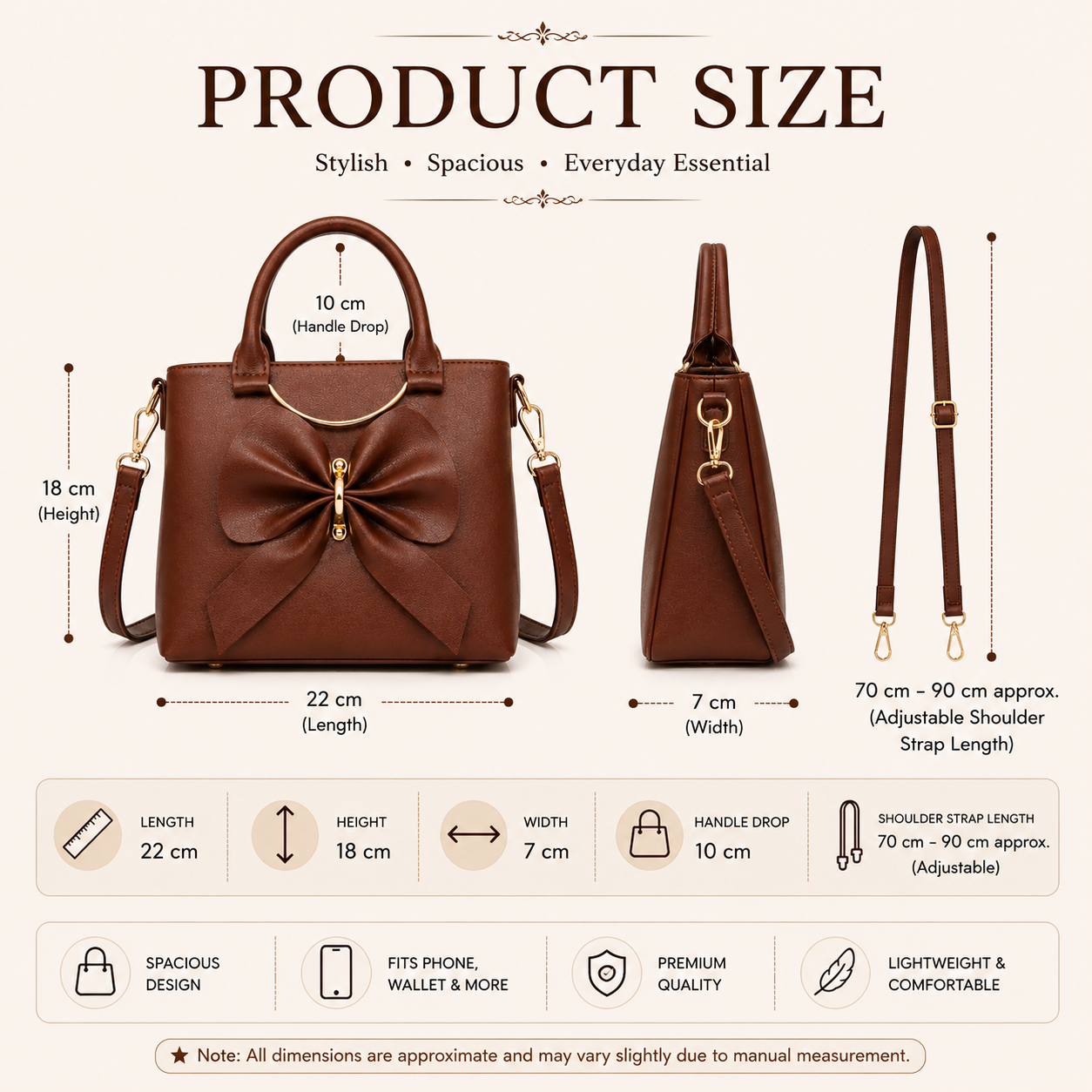 Women's Brown Leatherette Handbag with Bow Design, Top Handle & Sling Strap, Medium, Casual & Office