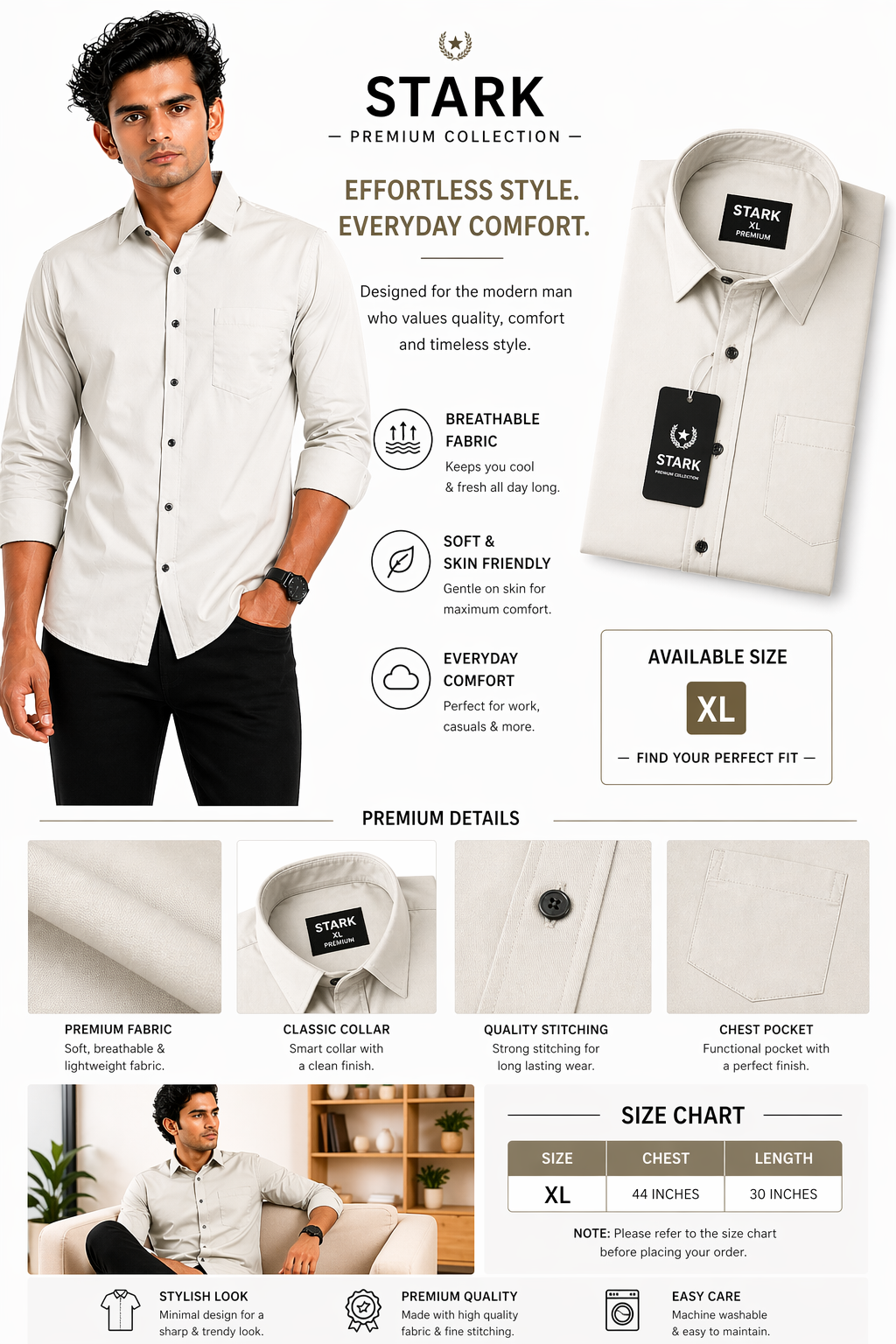 Men’s Solid Casual Shirt | Slim Fit Full Sleeve Cotton Blend Shirt for Men | Soft & Breathable Everyday Wear | XL Size