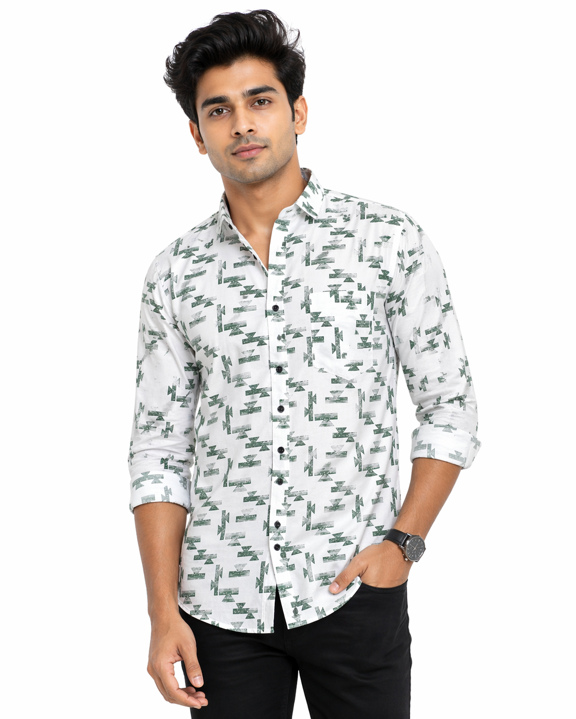 Men’s White Printed Cotton Shirt | Geometric Pattern Casual Shirt for Men | Full Sleeve Regular Fit | Sizes M, L, XL