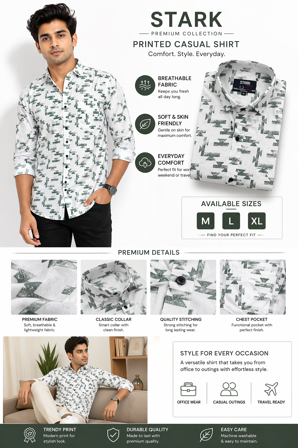 Men’s White Printed Cotton Shirt | Geometric Pattern Casual Shirt for Men | Full Sleeve Regular Fit | Sizes M, L, XL