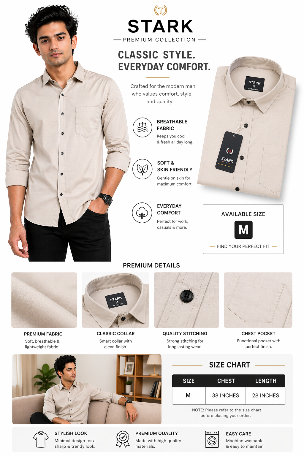 Men’s Solid Cotton Blend Shirt | Slim Fit Full Sleeve Shirt for Men | Casual & Formal Wear| M Size